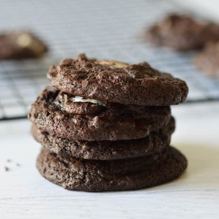 a stack of chocolate marshmallow cookies.