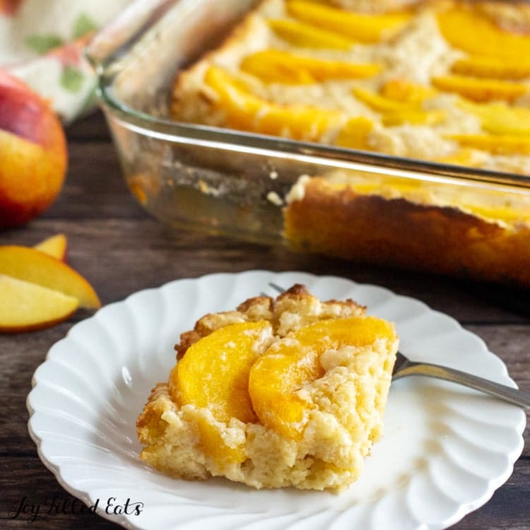 a slice of keto peach cobbler.