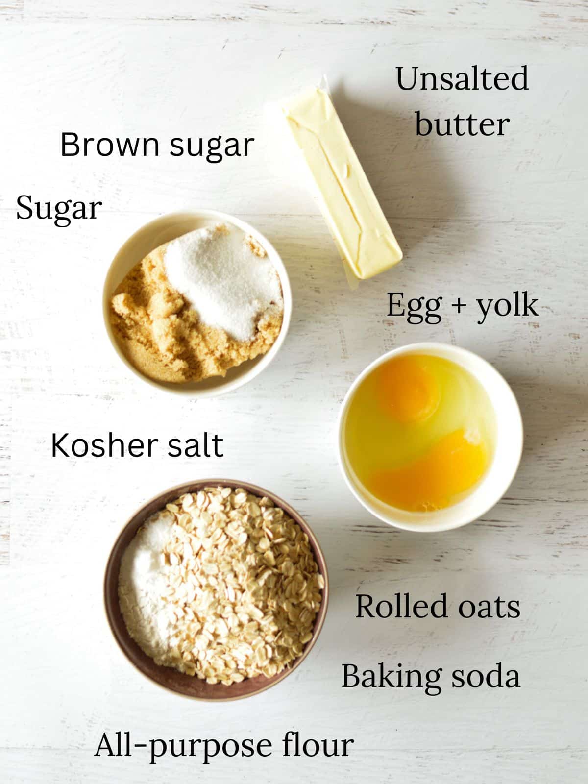 butter, sugar, eggs, flour, oats, baking soda, and salt.