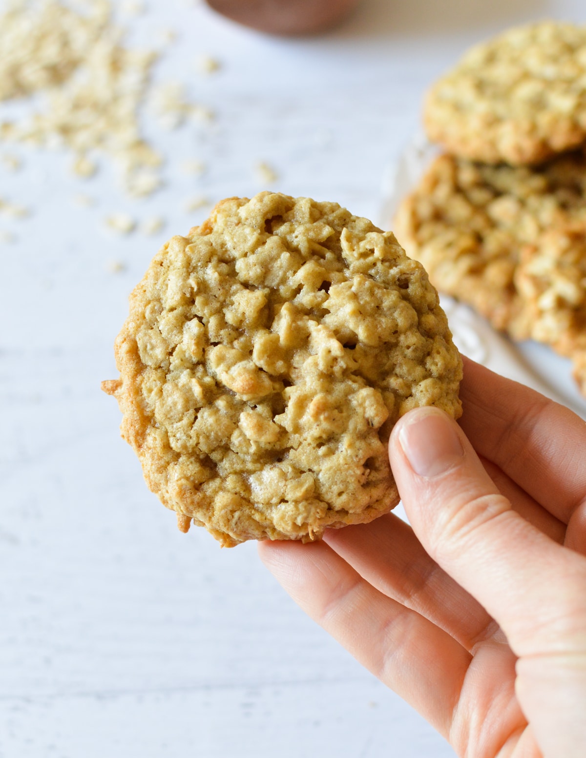 hand holding oatmeal cookie.
