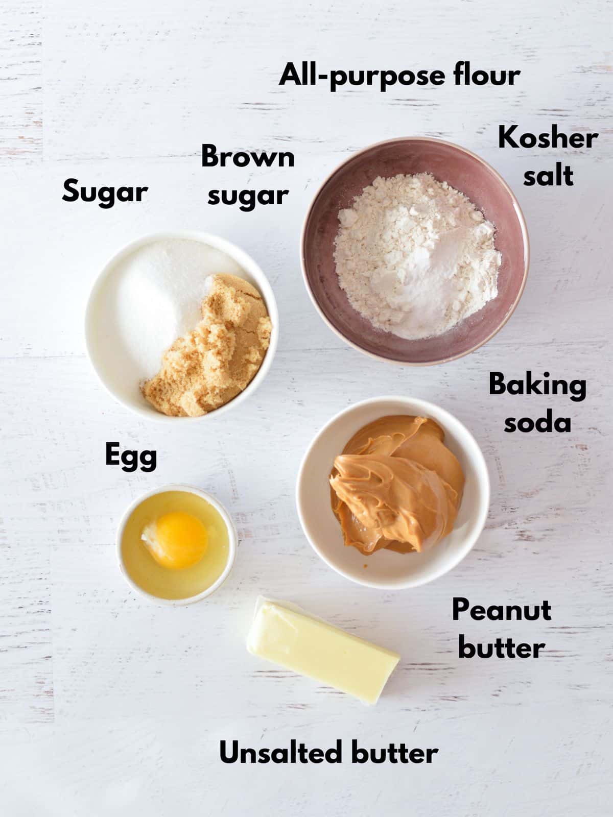 flour, sugar, egg, peanut butter, and butter.