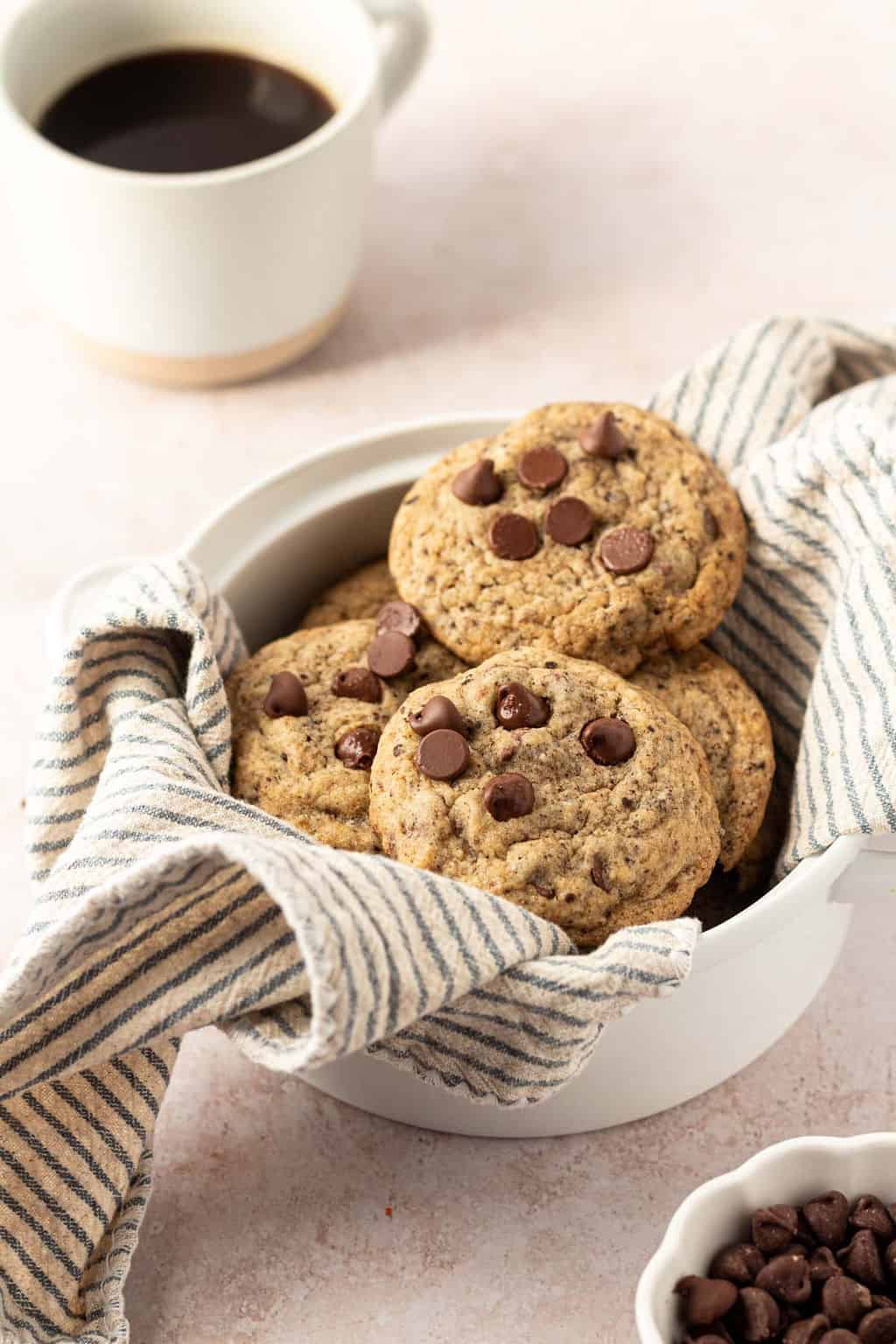 chocolate chip espresso cookies in a bowl. 