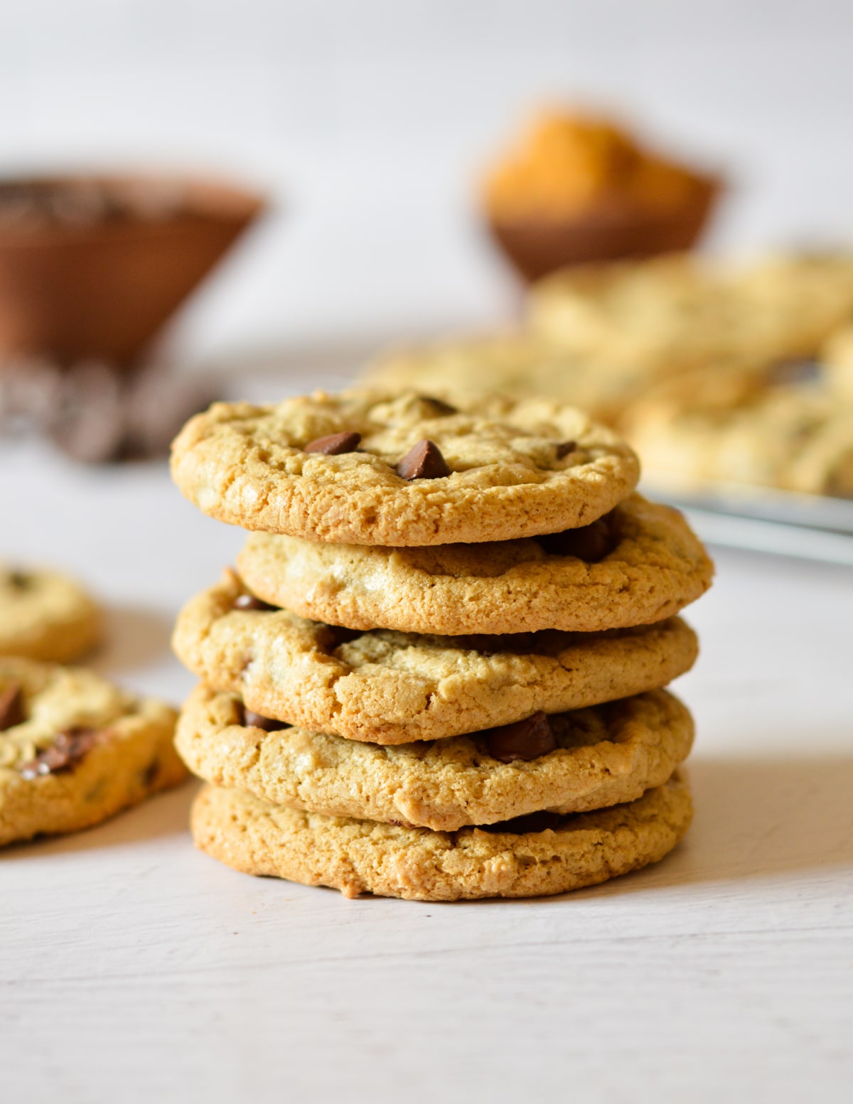 a stack of oat flour chocolate chip cookies.