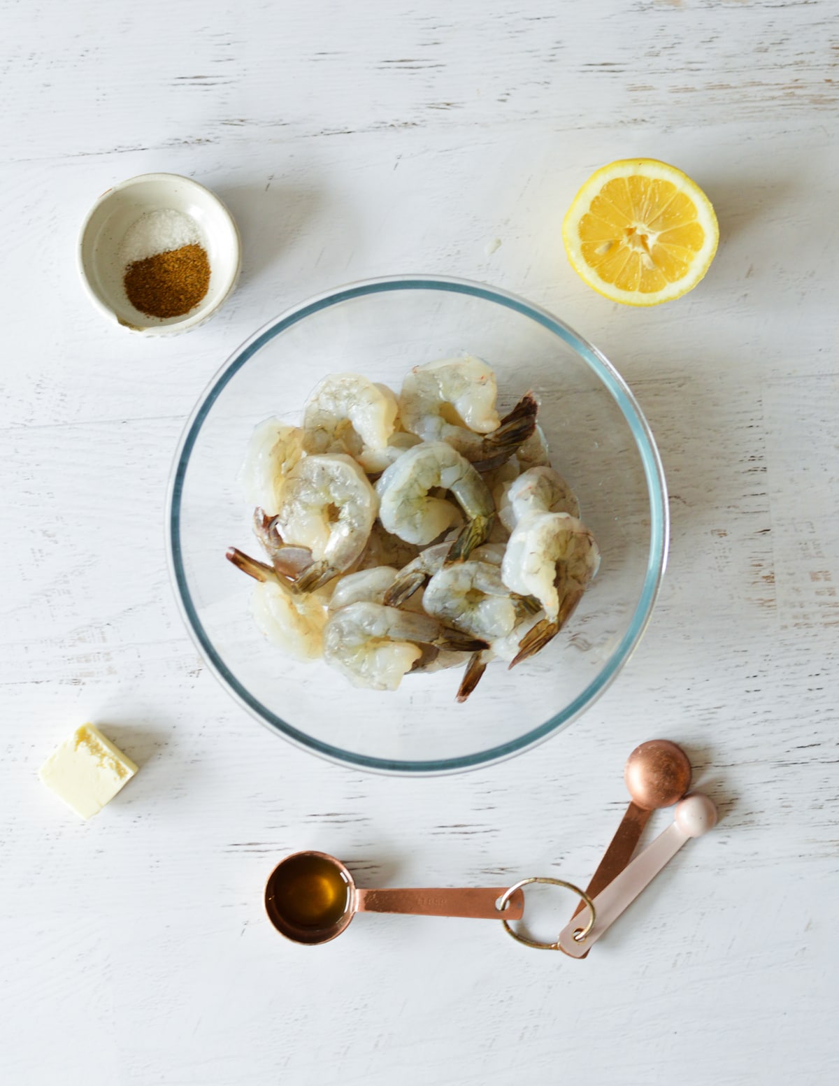 shrimp, butter, olive oil, seasoning, lemon. 