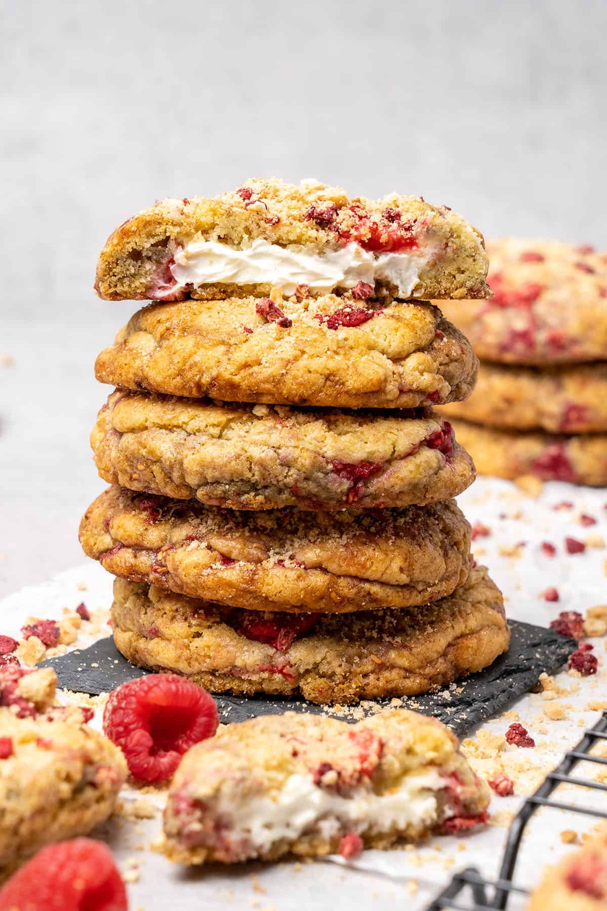 a stack of raspberry cheesecake cookies.