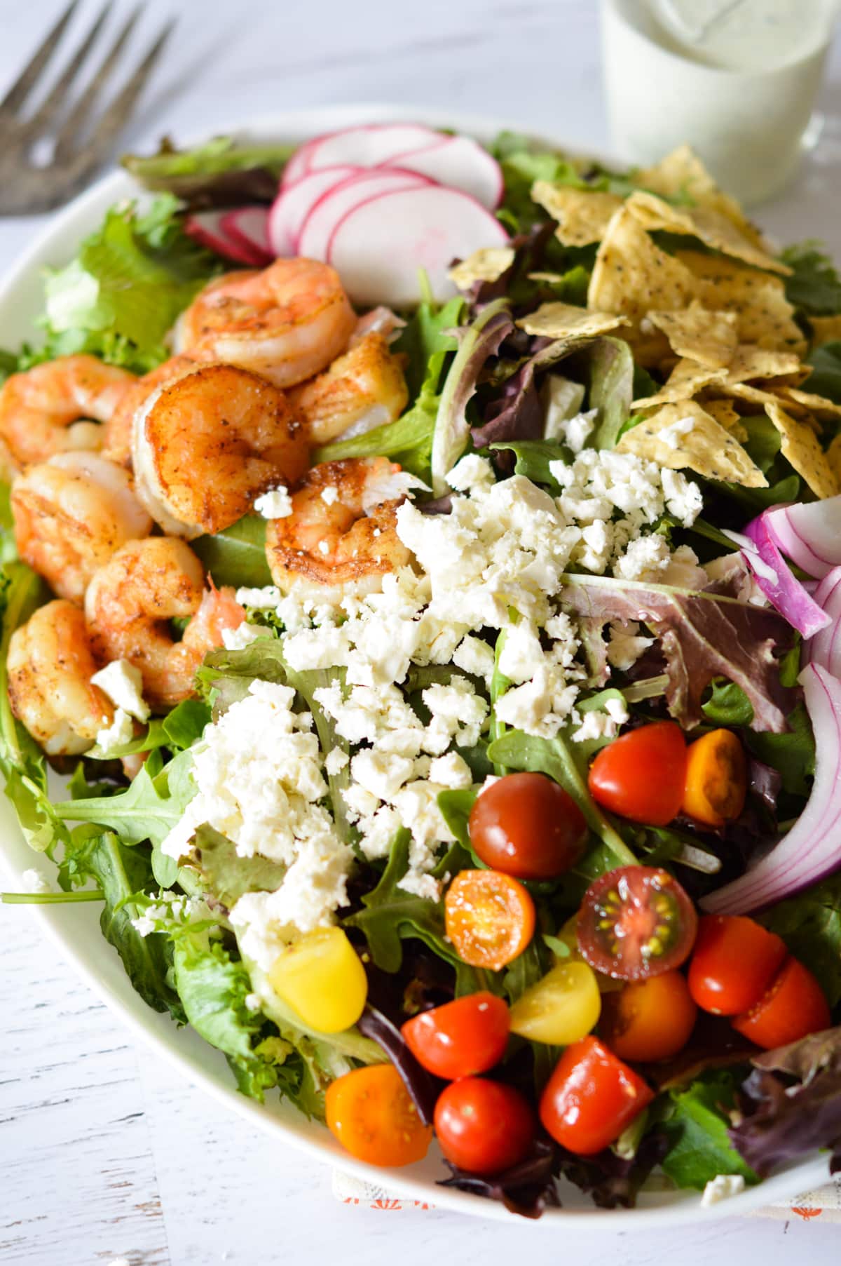 close up of shrimp and avocado salad. 