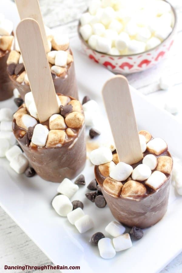 hot chocolate popsicle sticks with marshmallows.