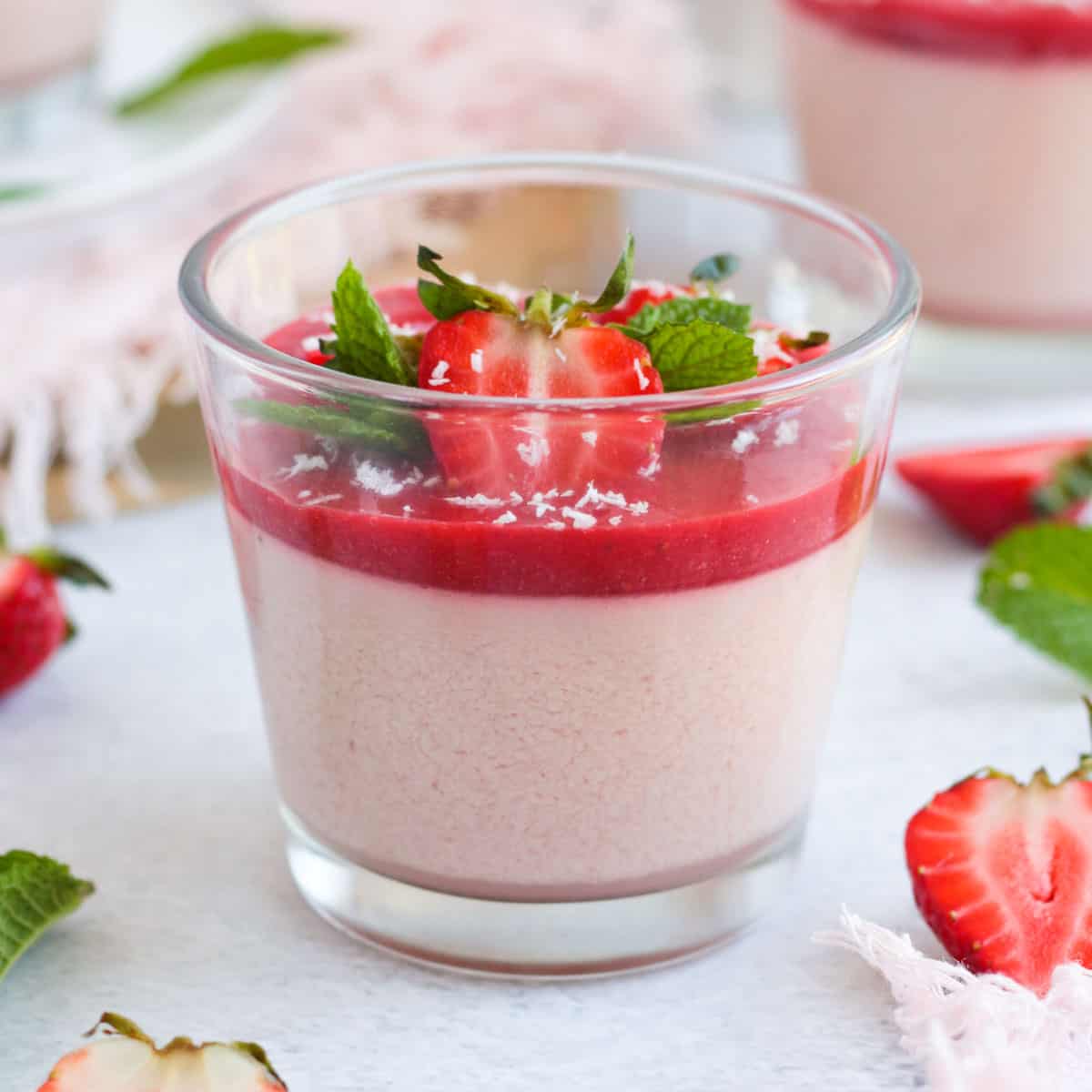 strawberry panna cotta with strawberry sauce.