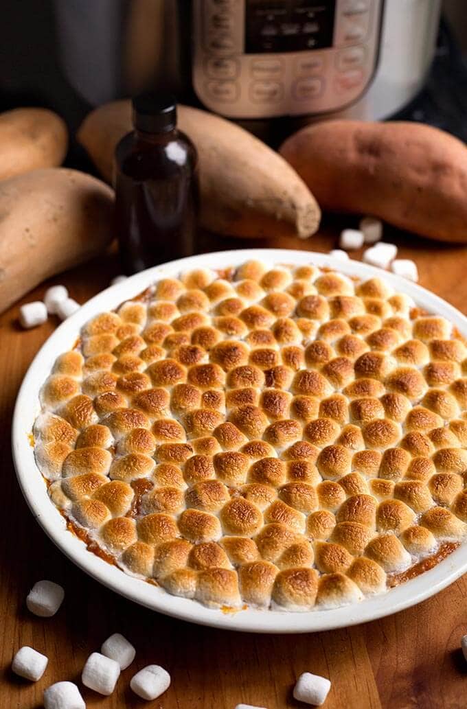 candied yams with toasted marshmallows on top. 