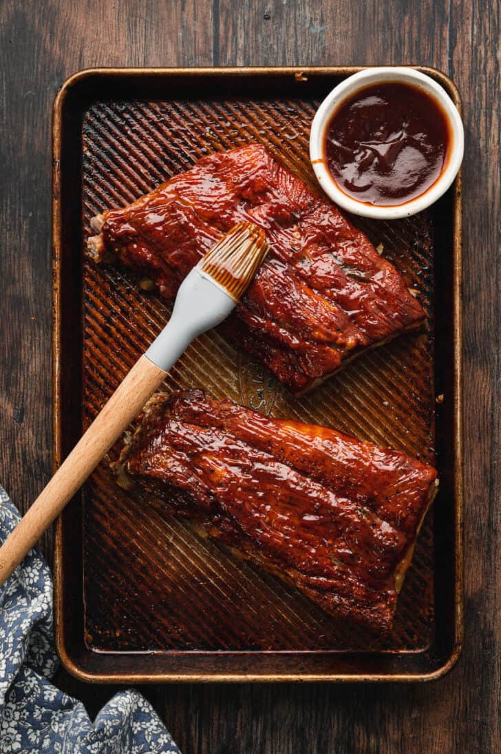 baby back ribs on a sheet pan. 