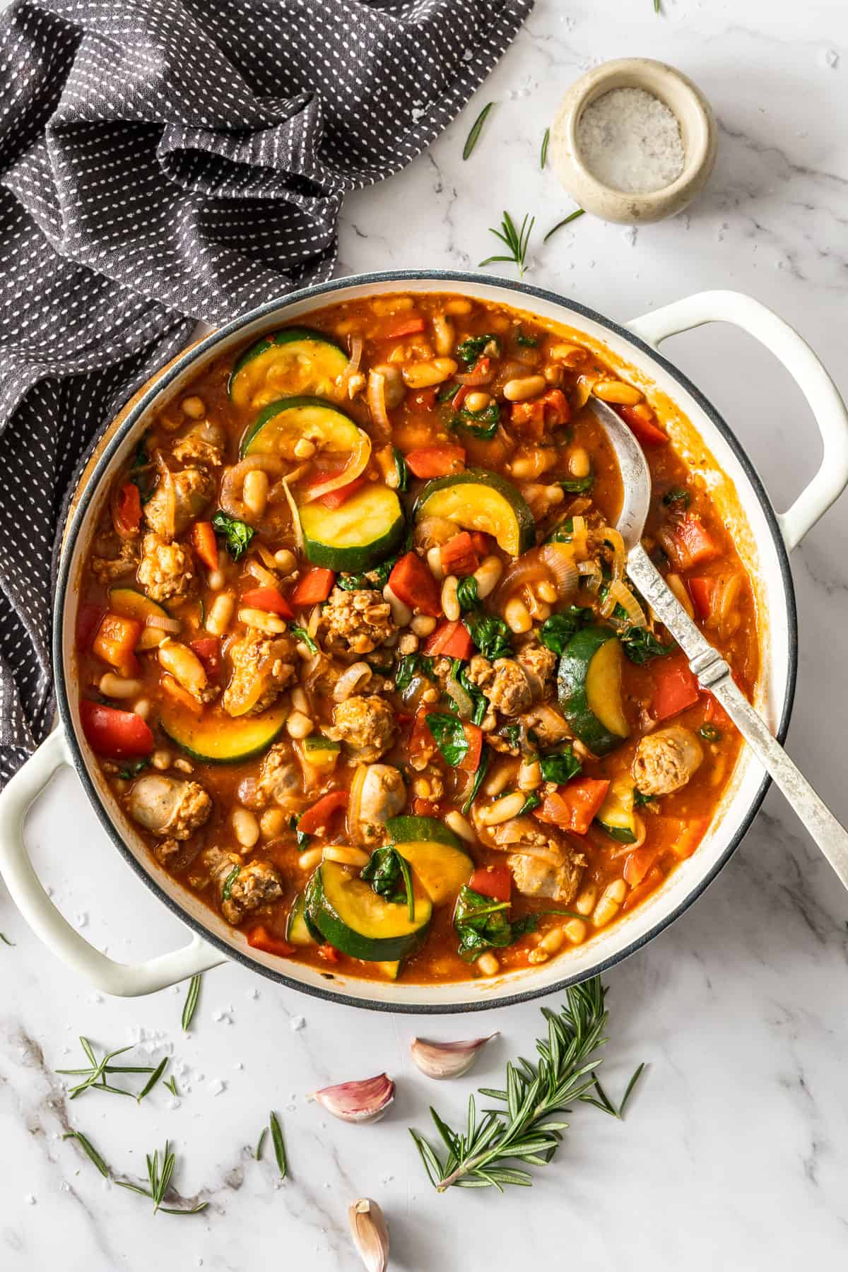 a pot of sausage casserole with zucchini