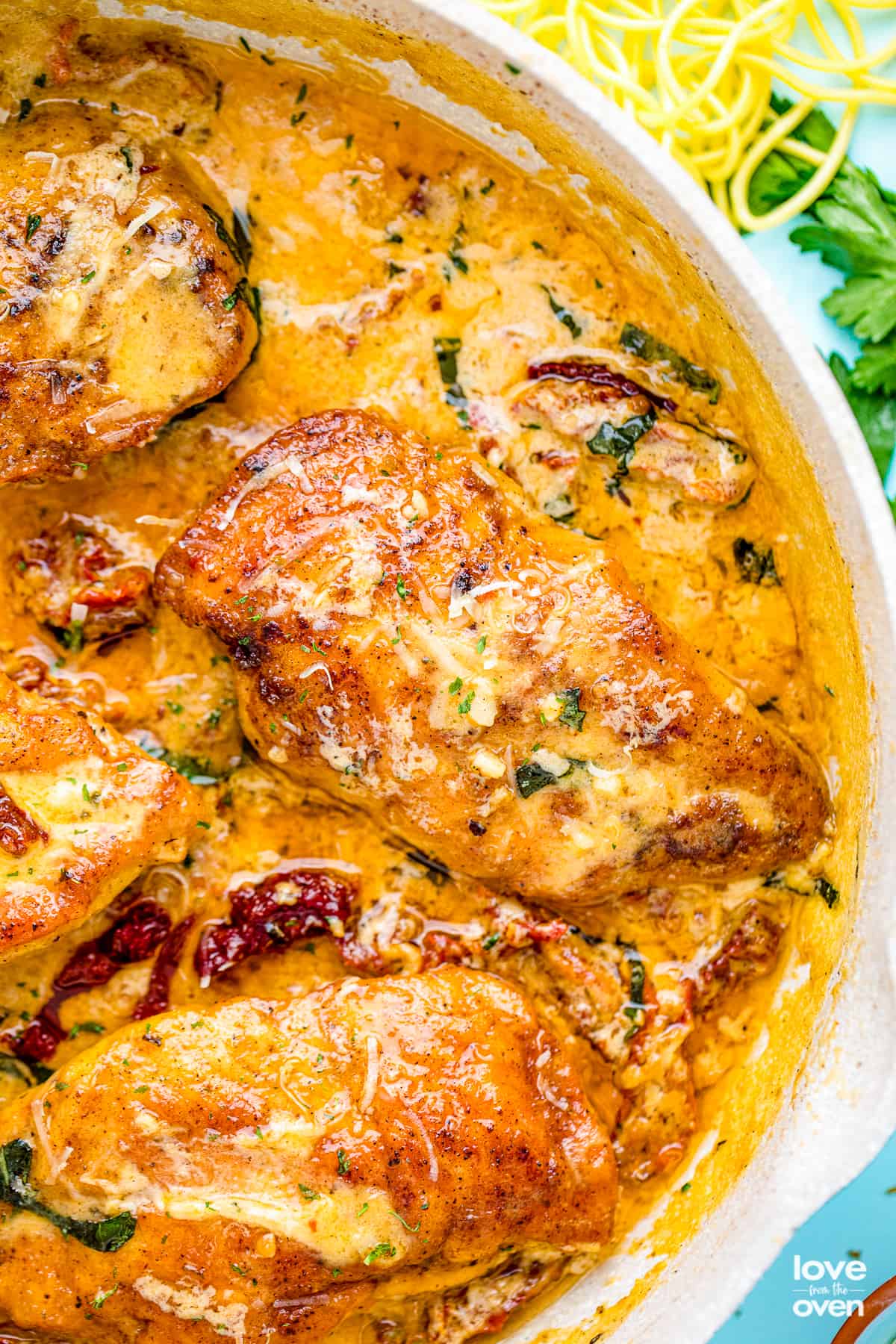 chicken in a cream sauce with sundried tomatoes.