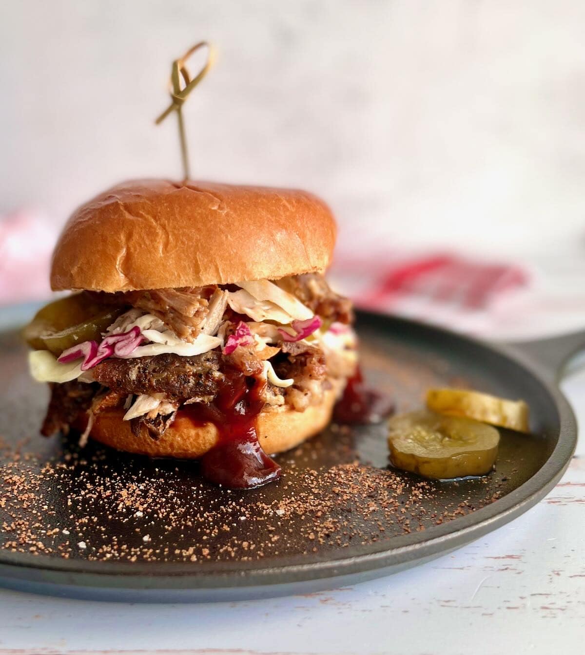 pulled pork sandwich with bbq sauce. 