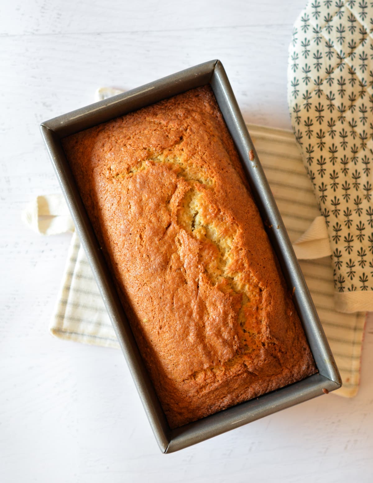 banana bread in a pan.