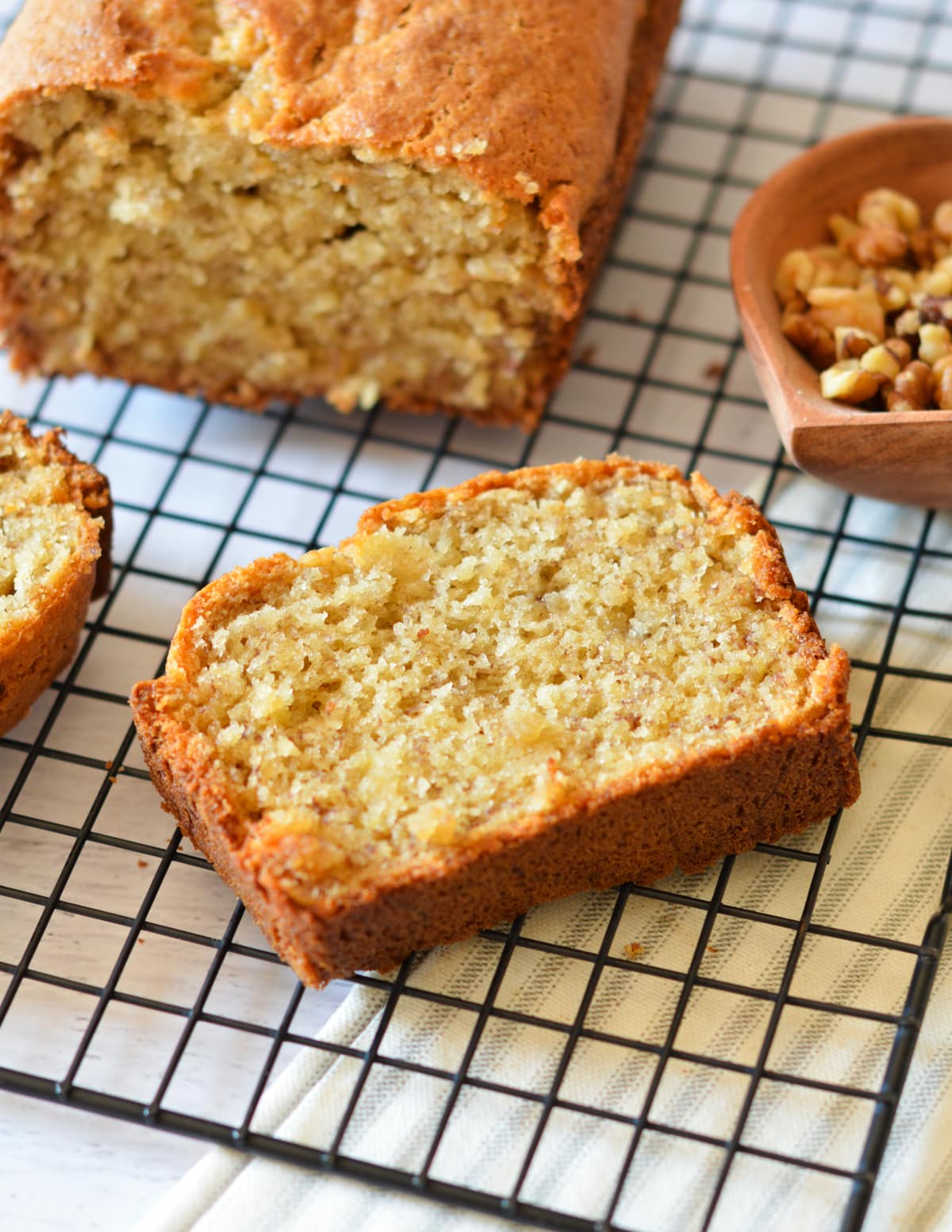 a slice of banana bread. 