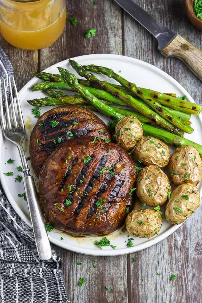 mushroom steaks with green beans and potatoes.