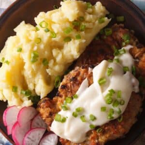 chicken fried steak and mashed potatoes.