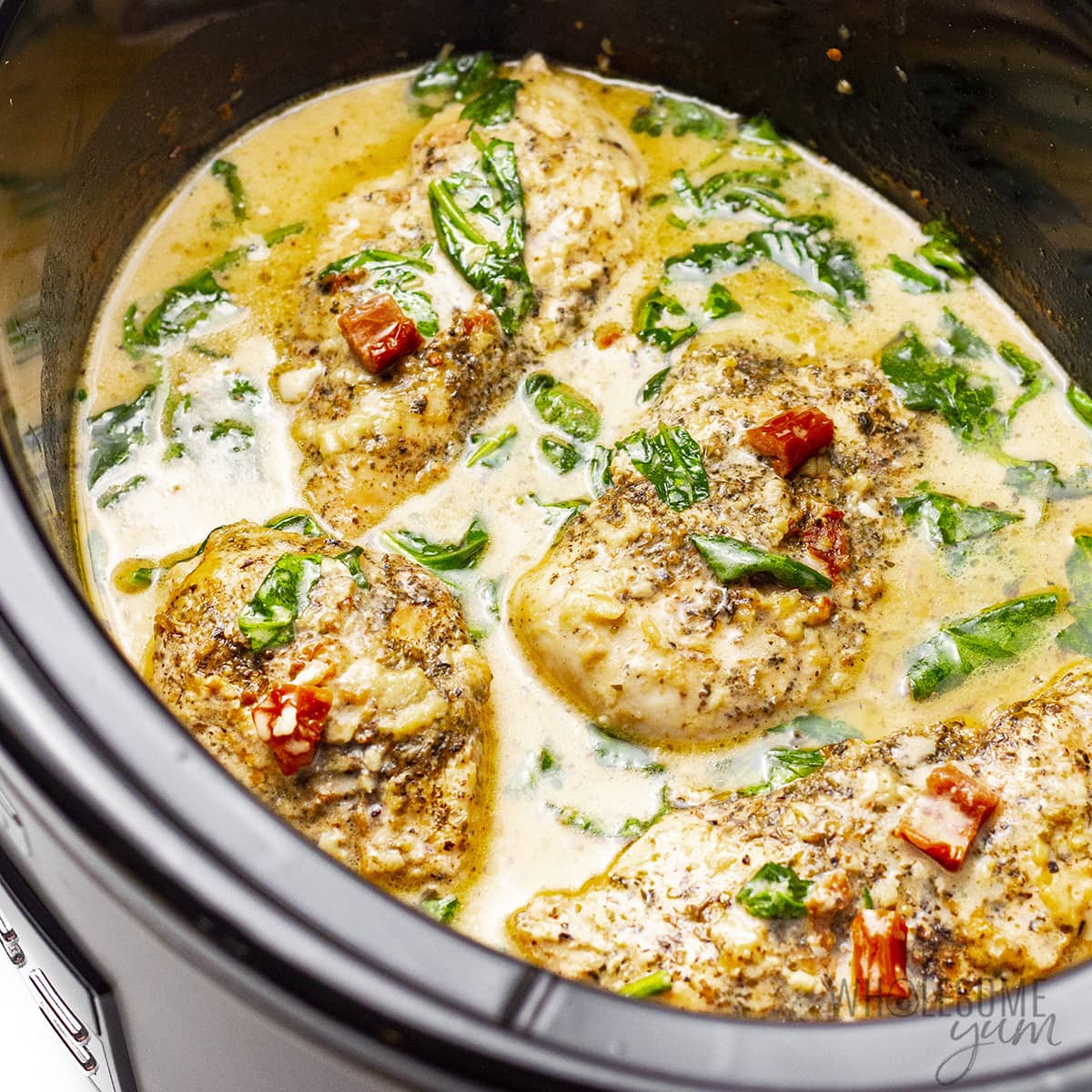 chicken in a cream sauce with greens and tomatoes. 