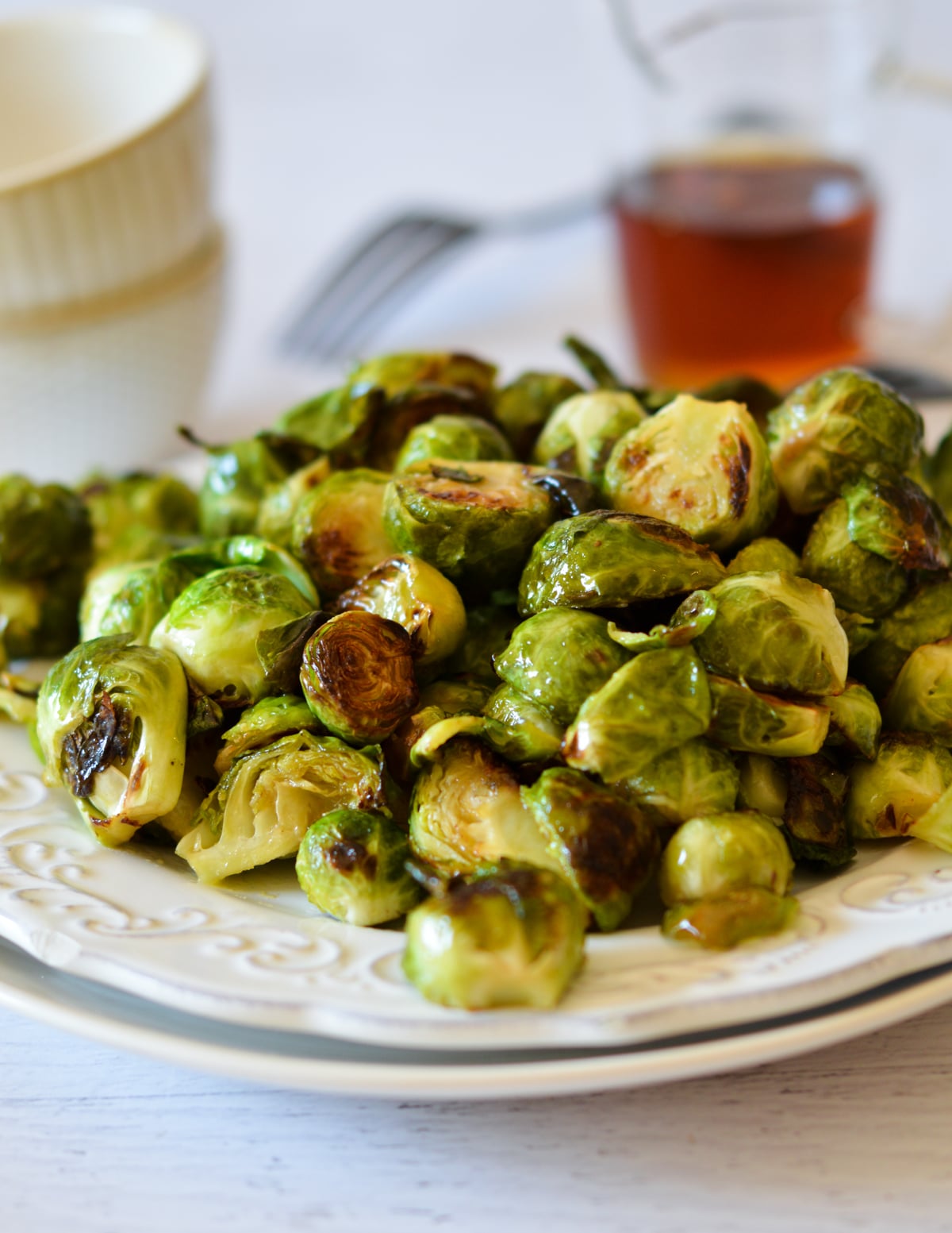 a plate of candied brussels sprouts.