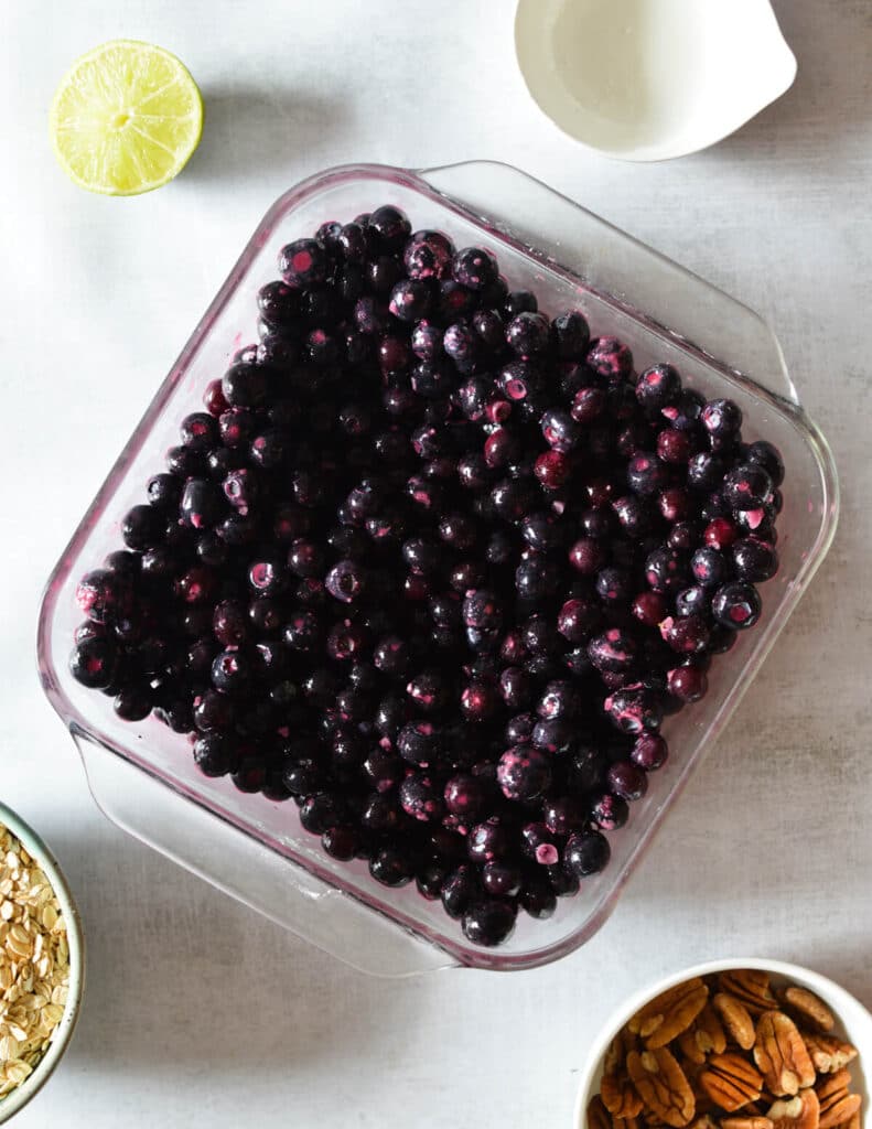 blueberries in a baking dish.