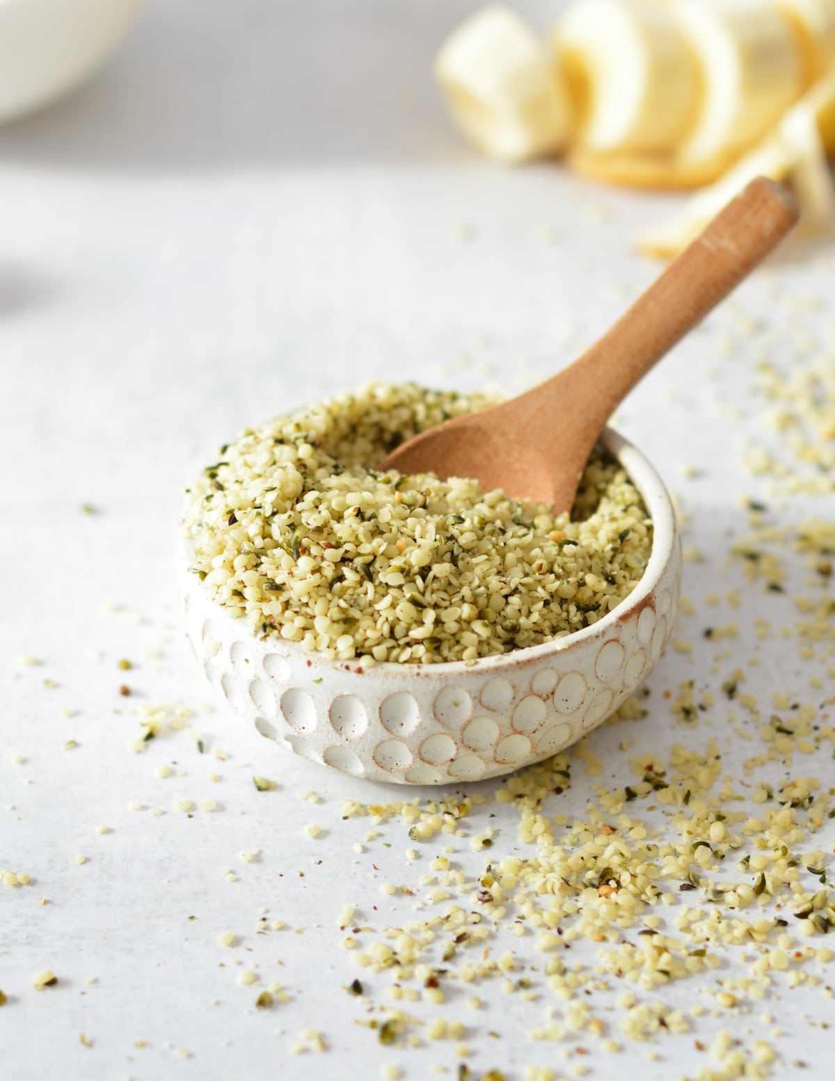 a small bowl of hemp seeds. 