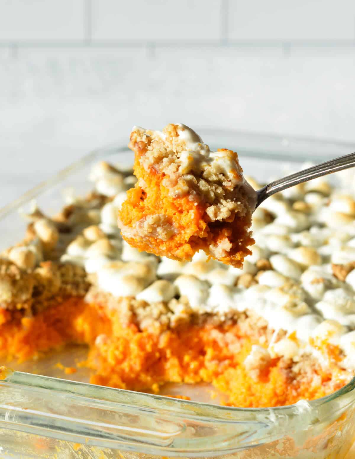 a large spoonful of sweet potato casserole. 