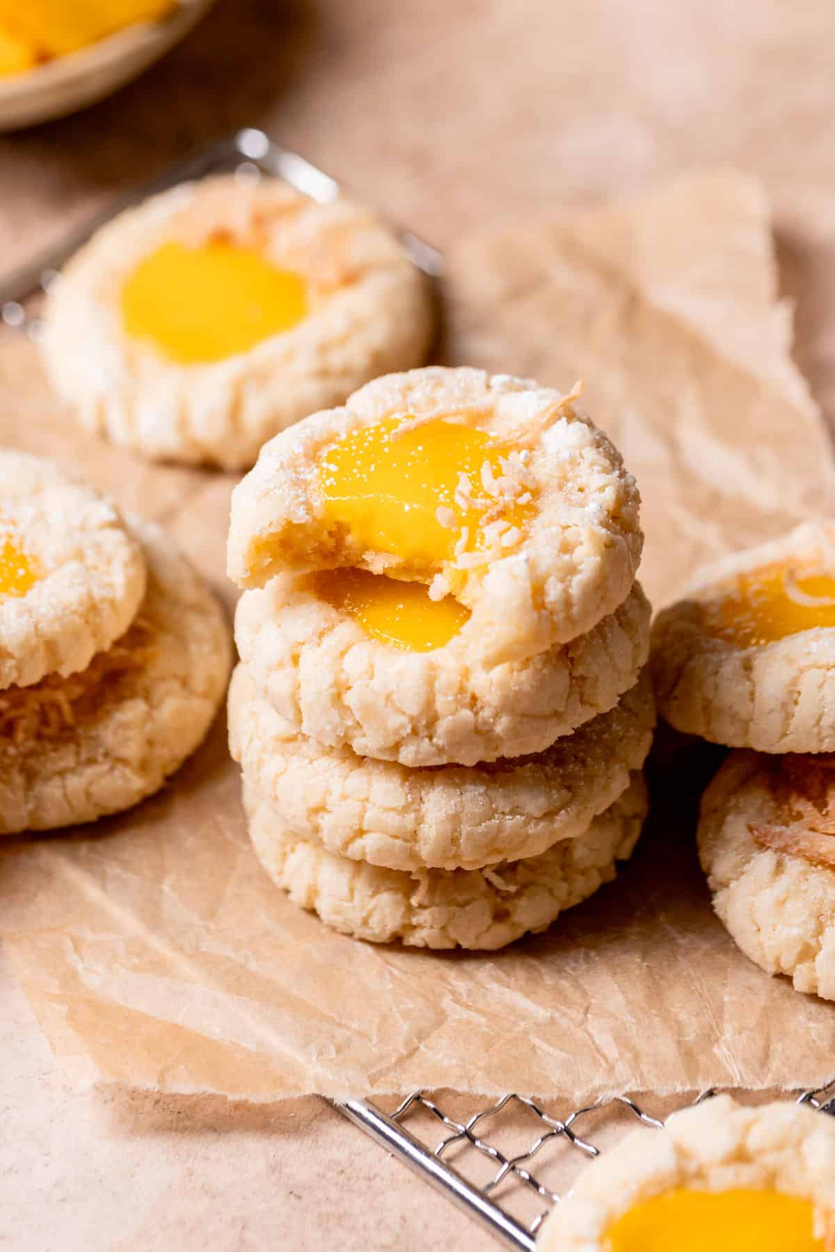 a stack of coconut mango cookies. 