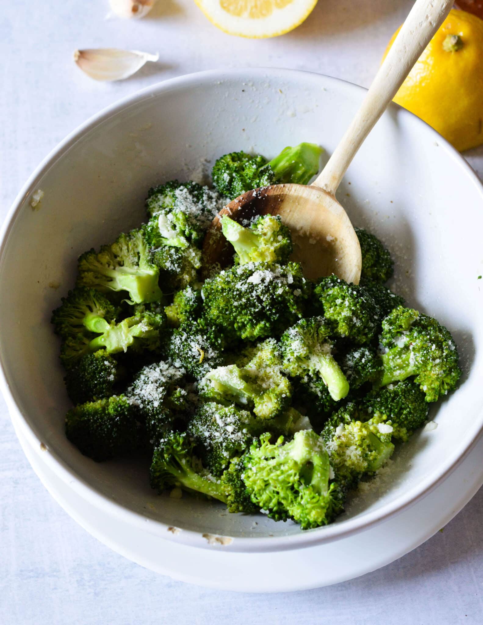 a bowl of garlic butter broccoli.