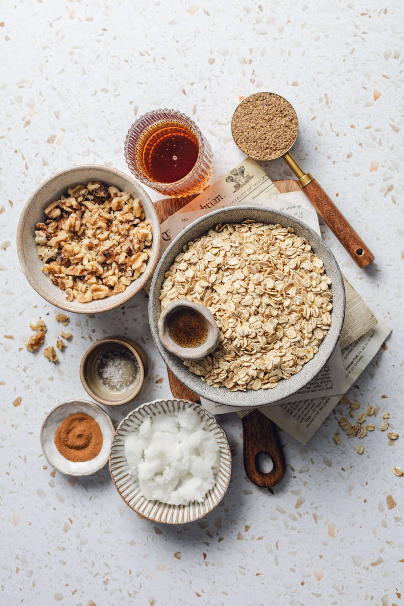 golden flax meal, maple syrup, walnuts, oats, cinnamon, coconut oil,  salt, and vanilla.