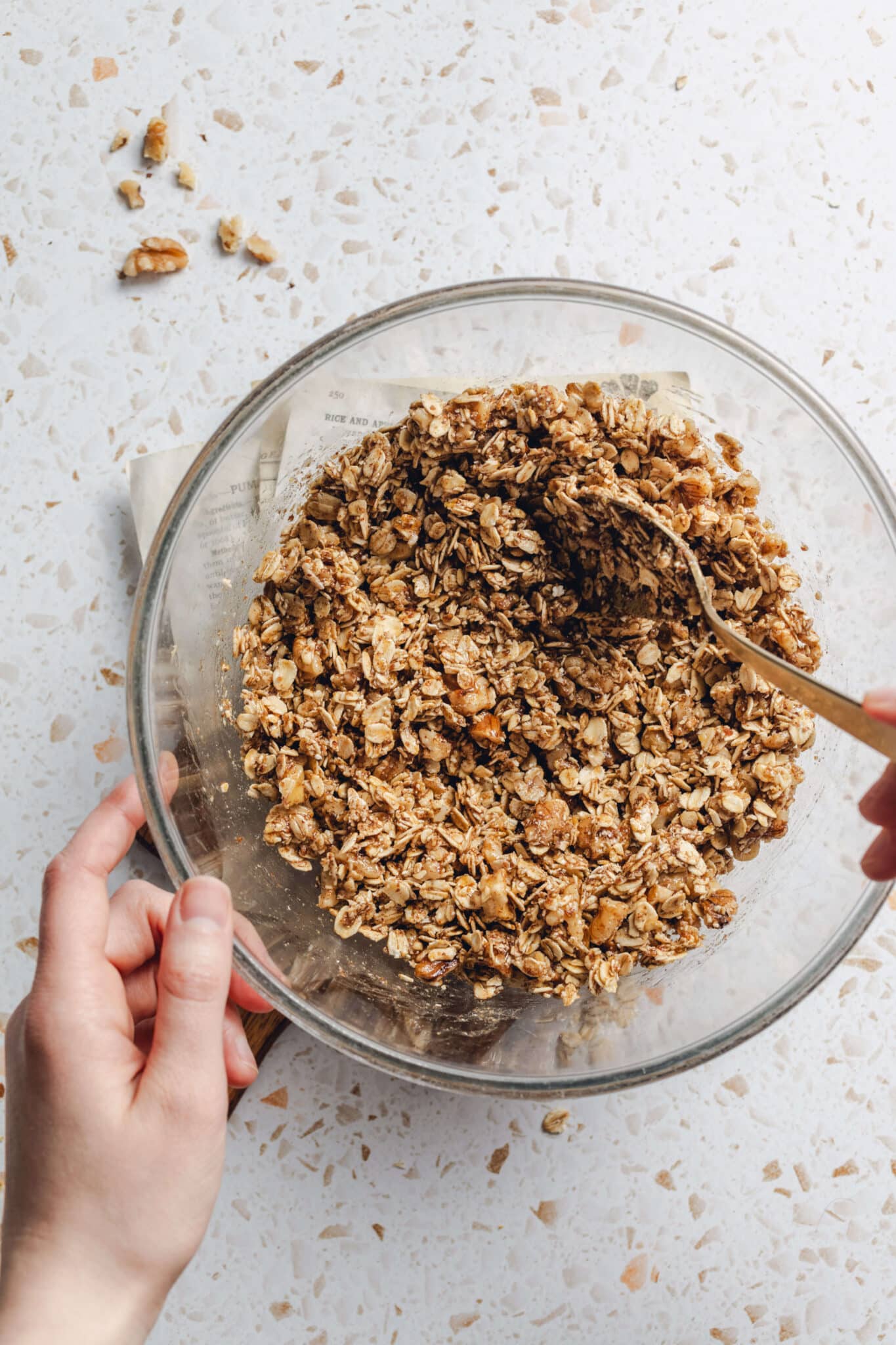 oats, walnuts, maple syrup, and coconut oil mixed together.