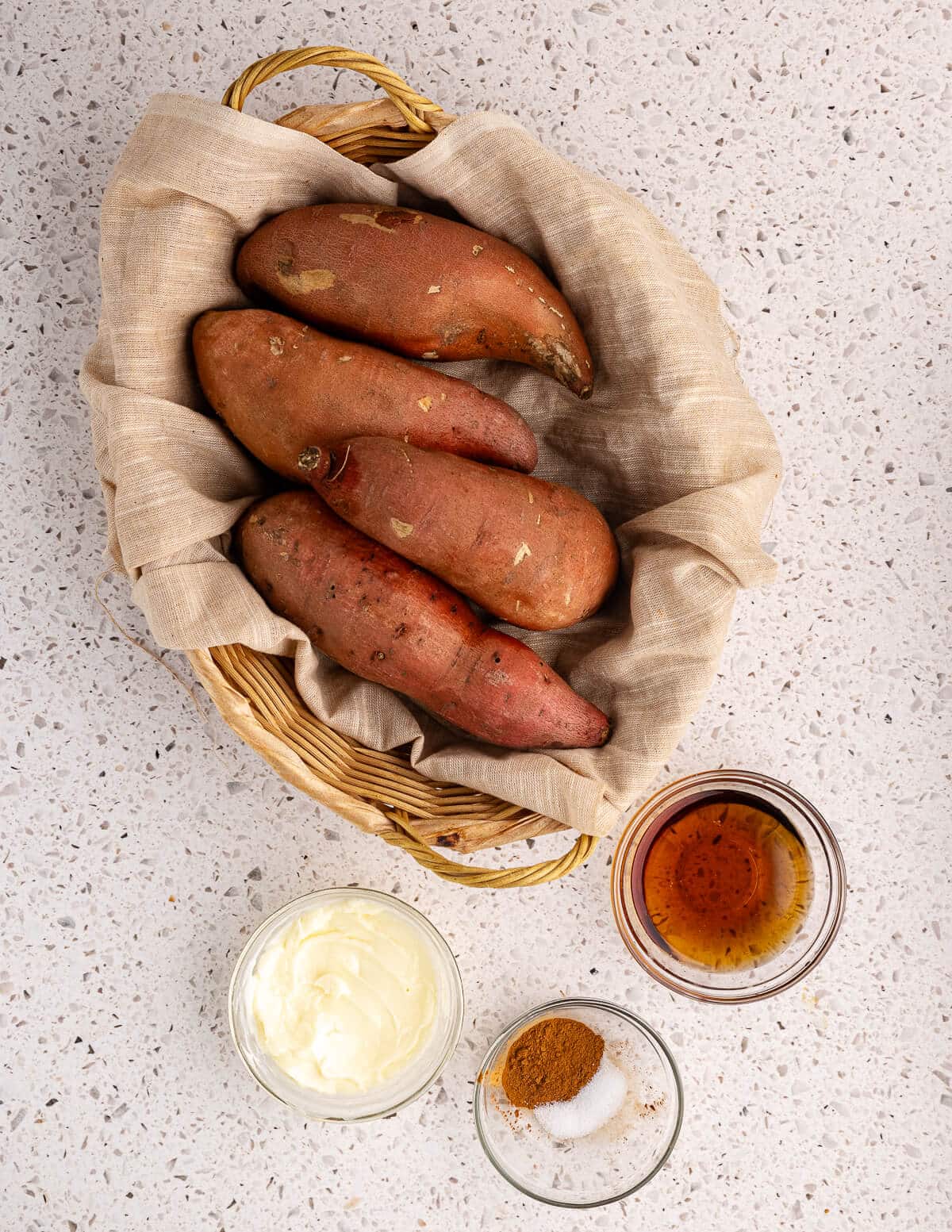 sweet potatoes, maple syrup, butter, cinnamon, and salt.