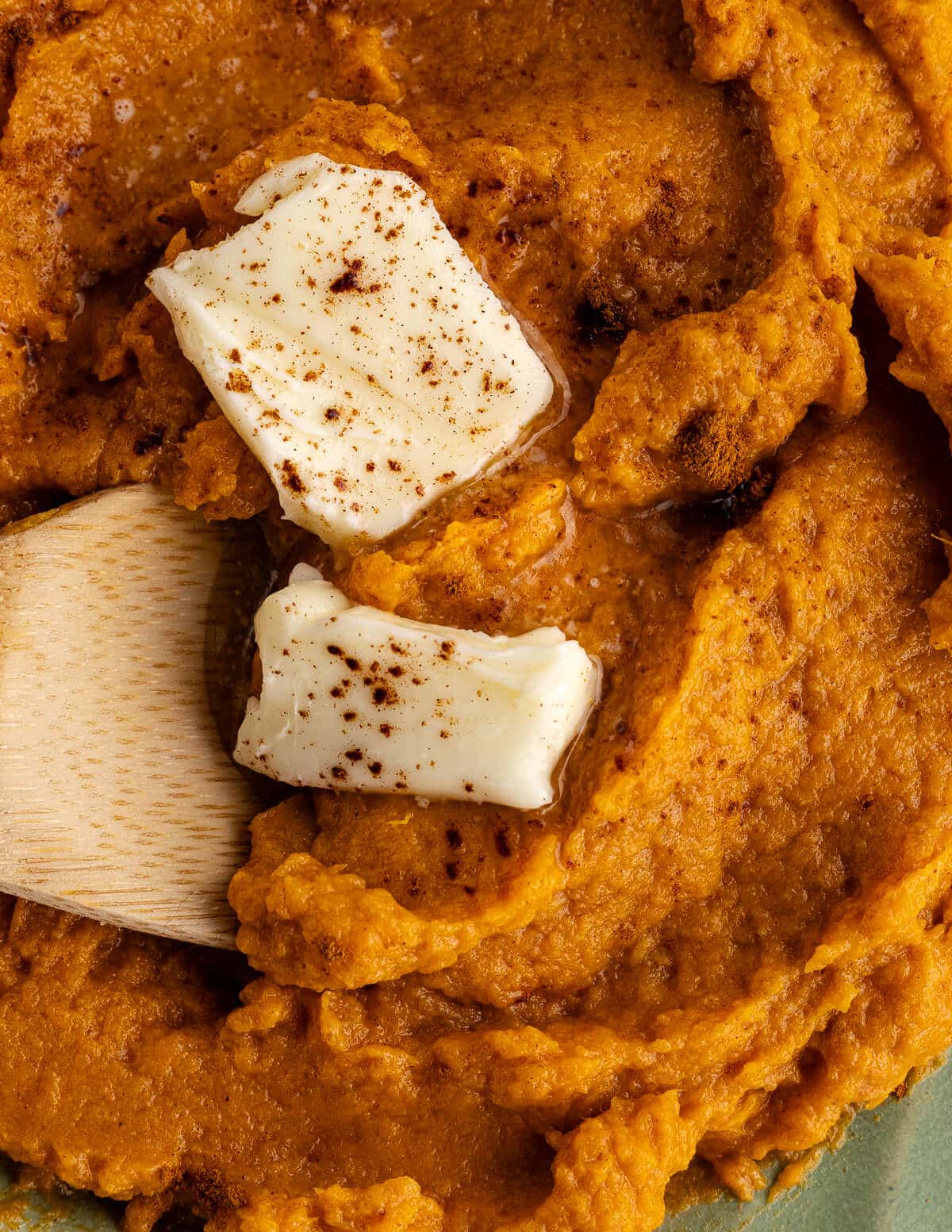close up of mashed sweet potatoes with butter and cinnamon on top.