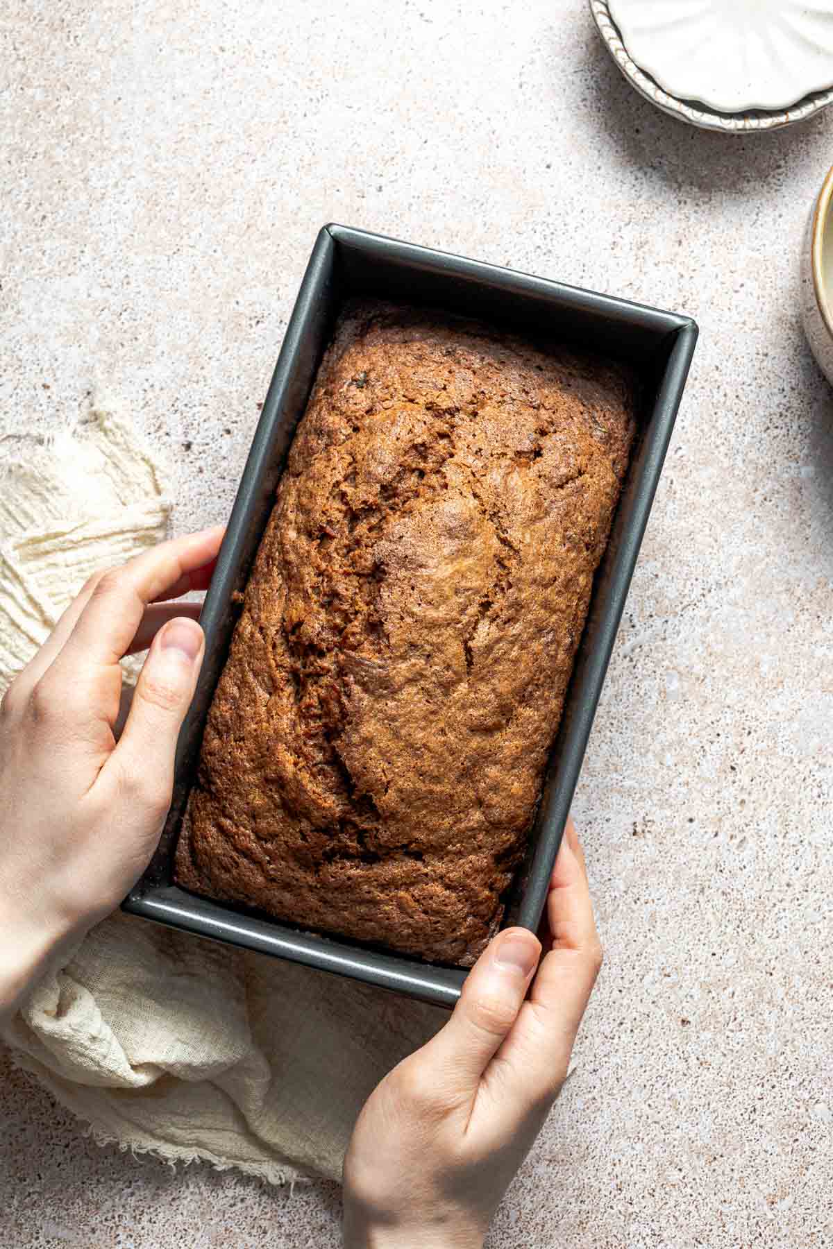gluten free zucchini bread in a loaf pan.