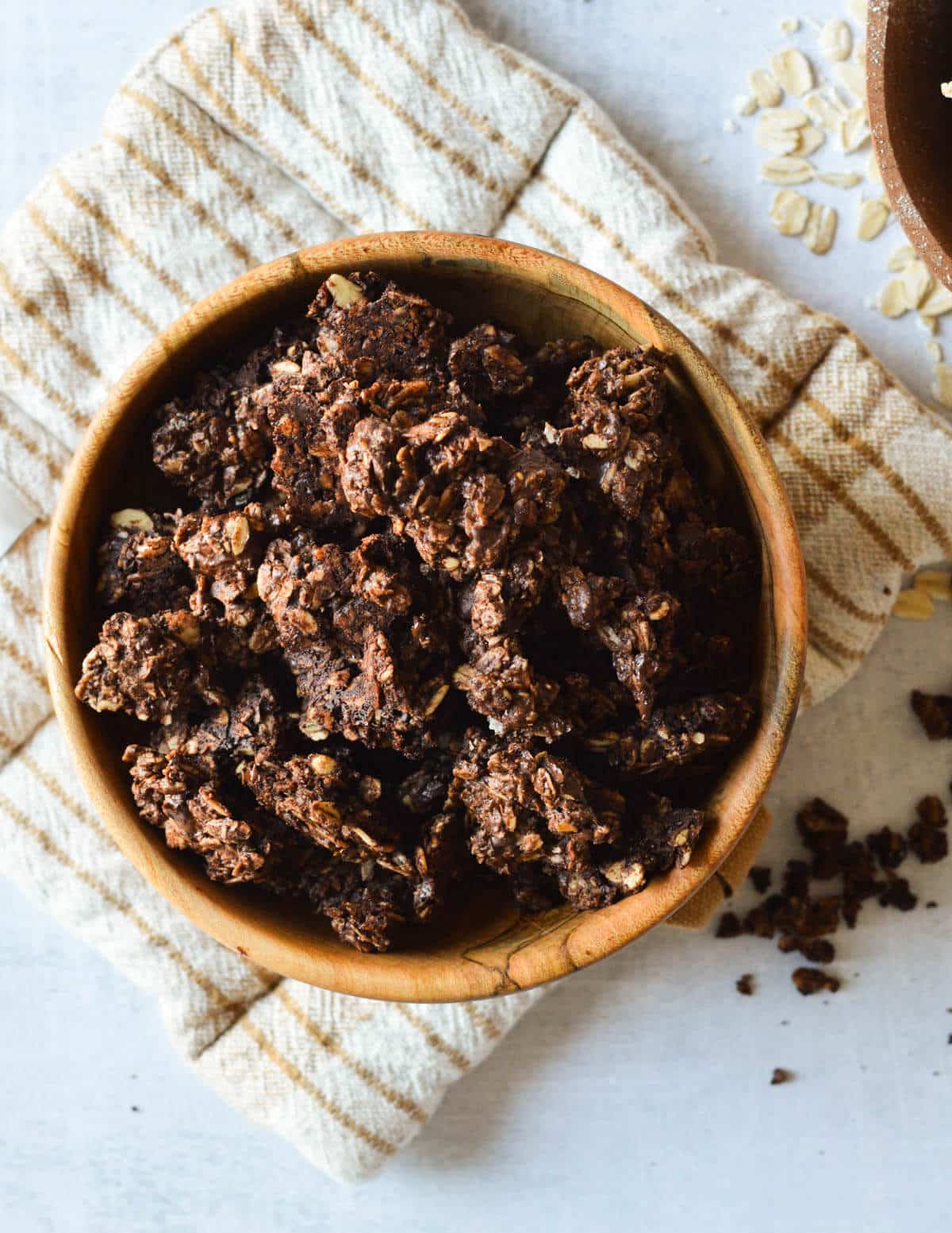 a bowl of dark chocolate granola clusters.
