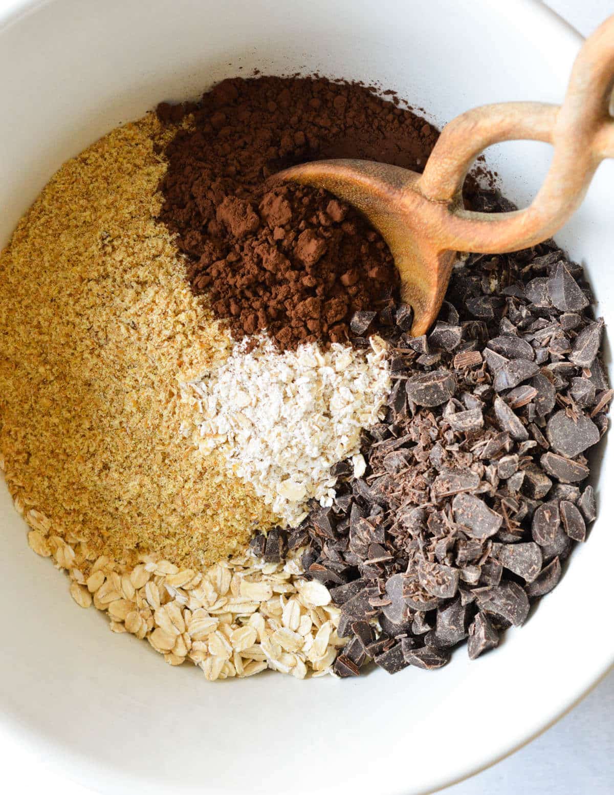 oats, flax meal, cocoa powder, dark chocolate, and salt in a large bowl.
