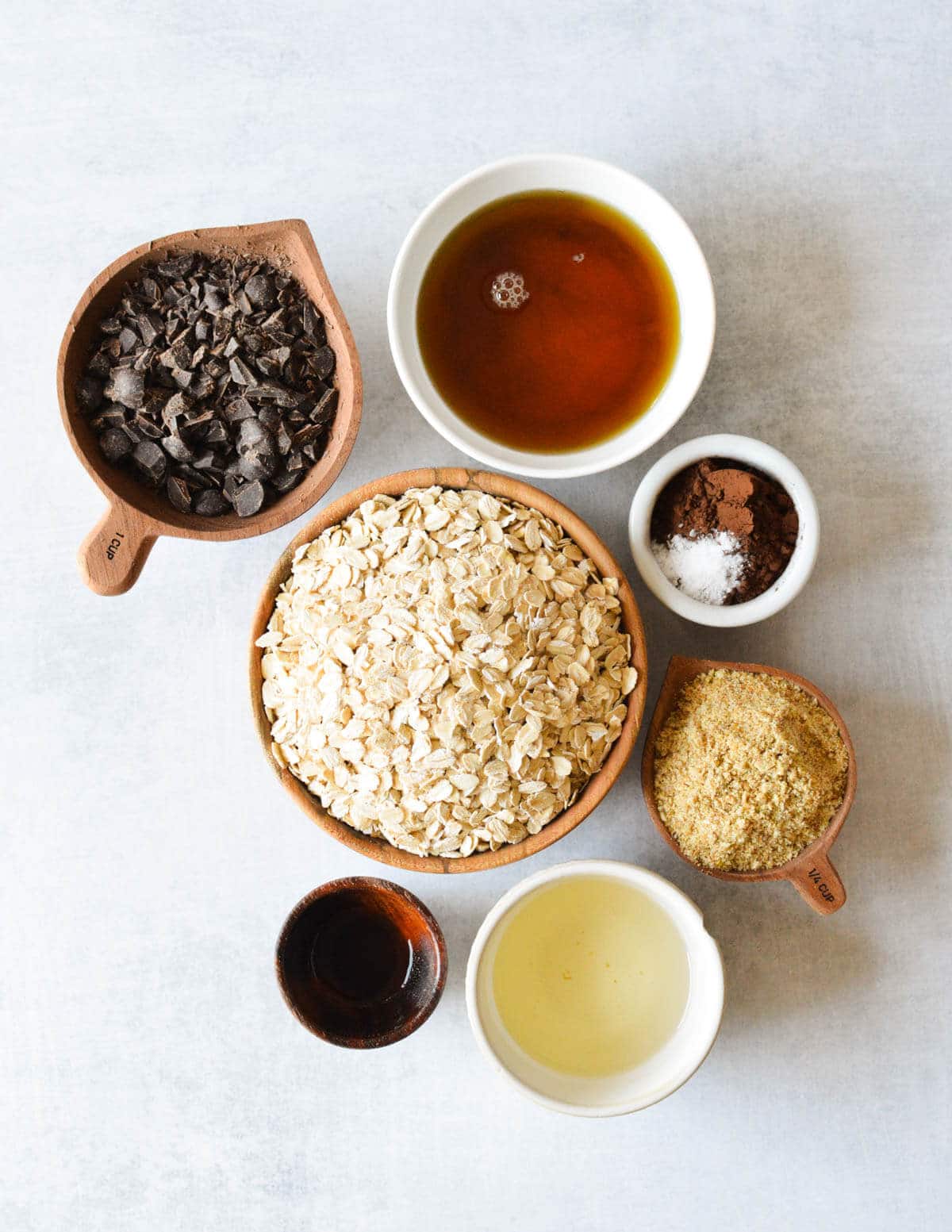 maple syrup, dark chocolate, oats, golden flax meal, cocoa powder, salt, coconut oil, and vanilla.