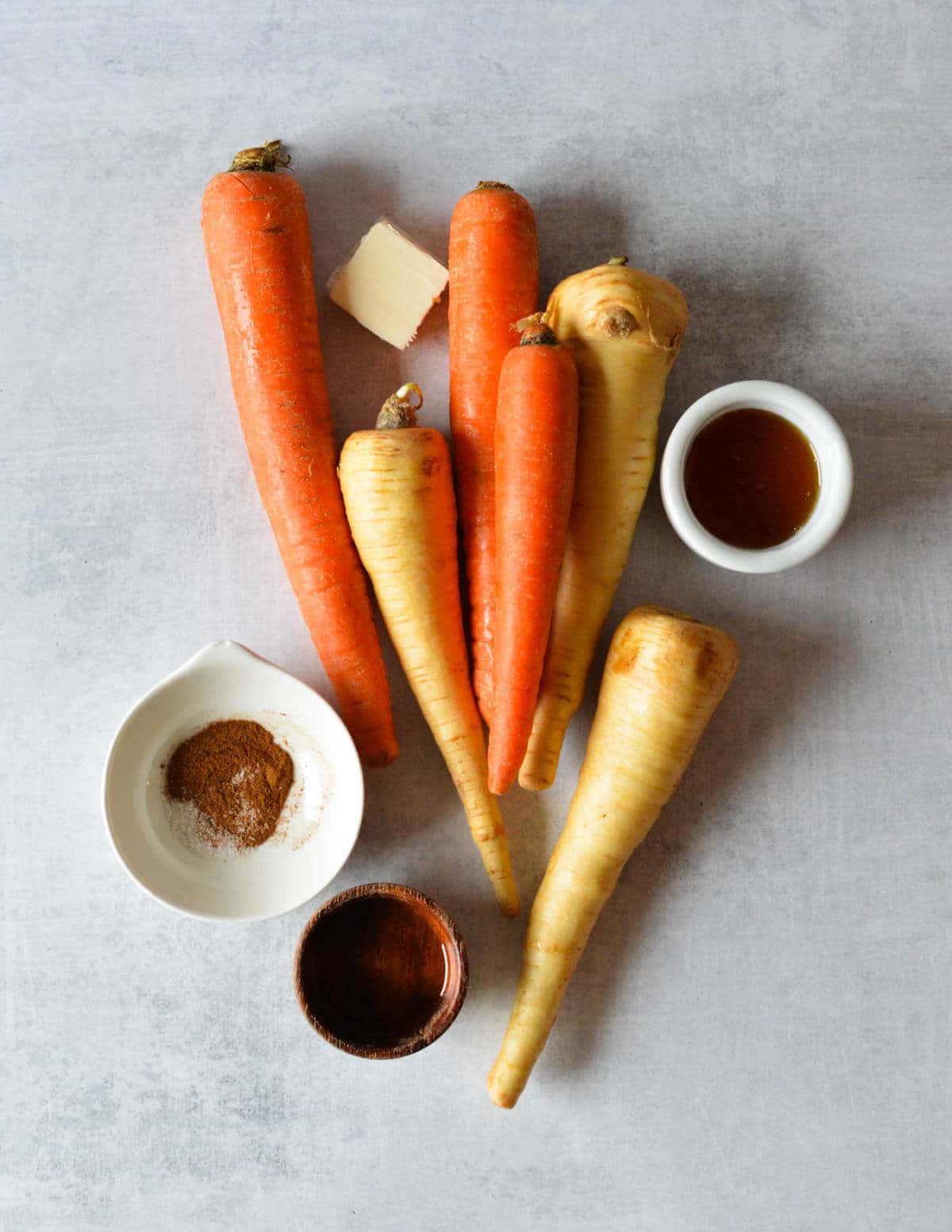 carrots, parsnips, olive oil, butter, honey, spices.