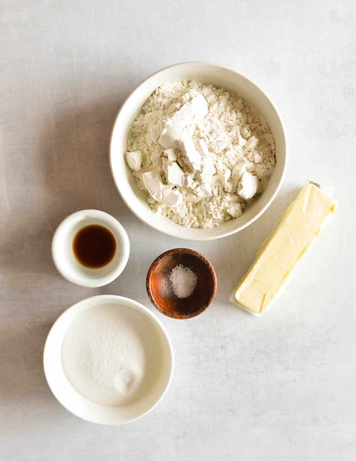 gluten-free all-purpose flour, butter, vanilla, salt, sugar.