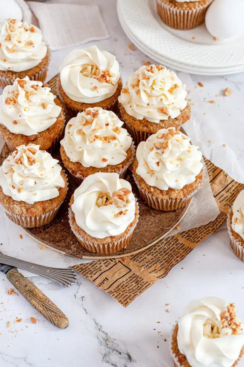 gluten free carrot cupcakes on a plate. 