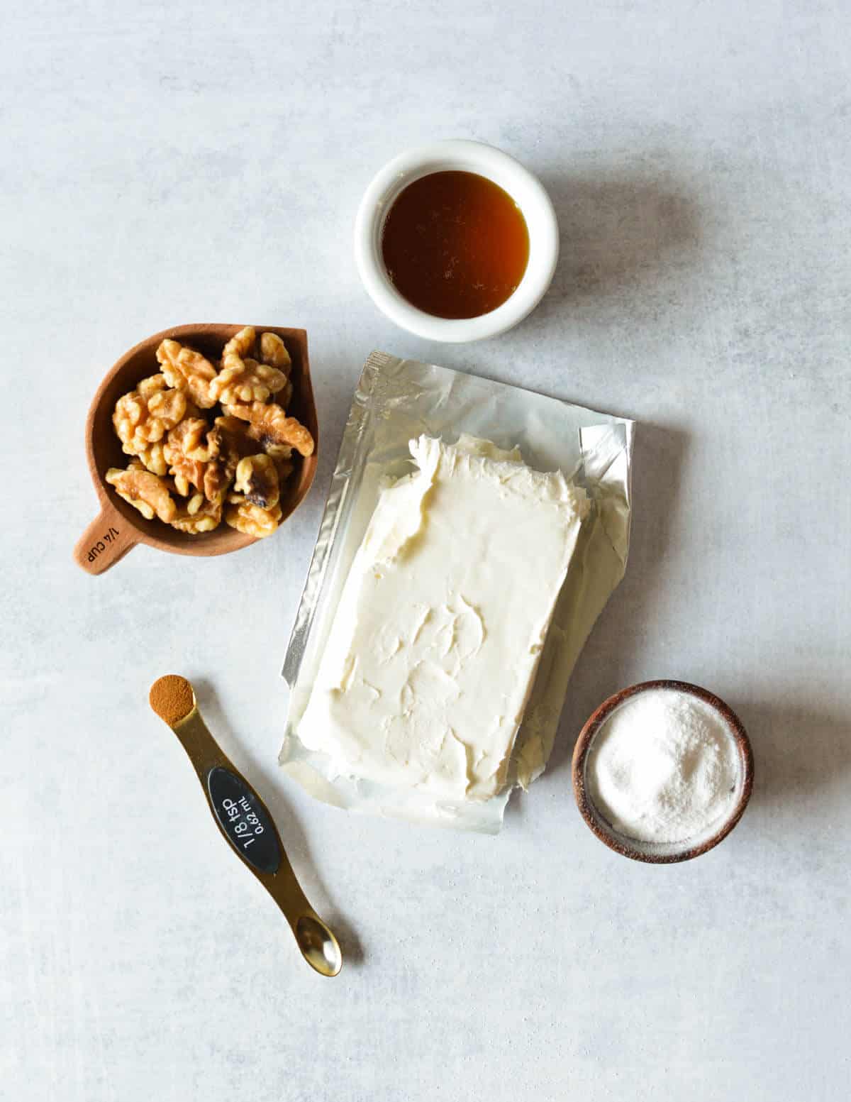 honey, cream cheese, walnuts, cinnamon, powdered sugar.