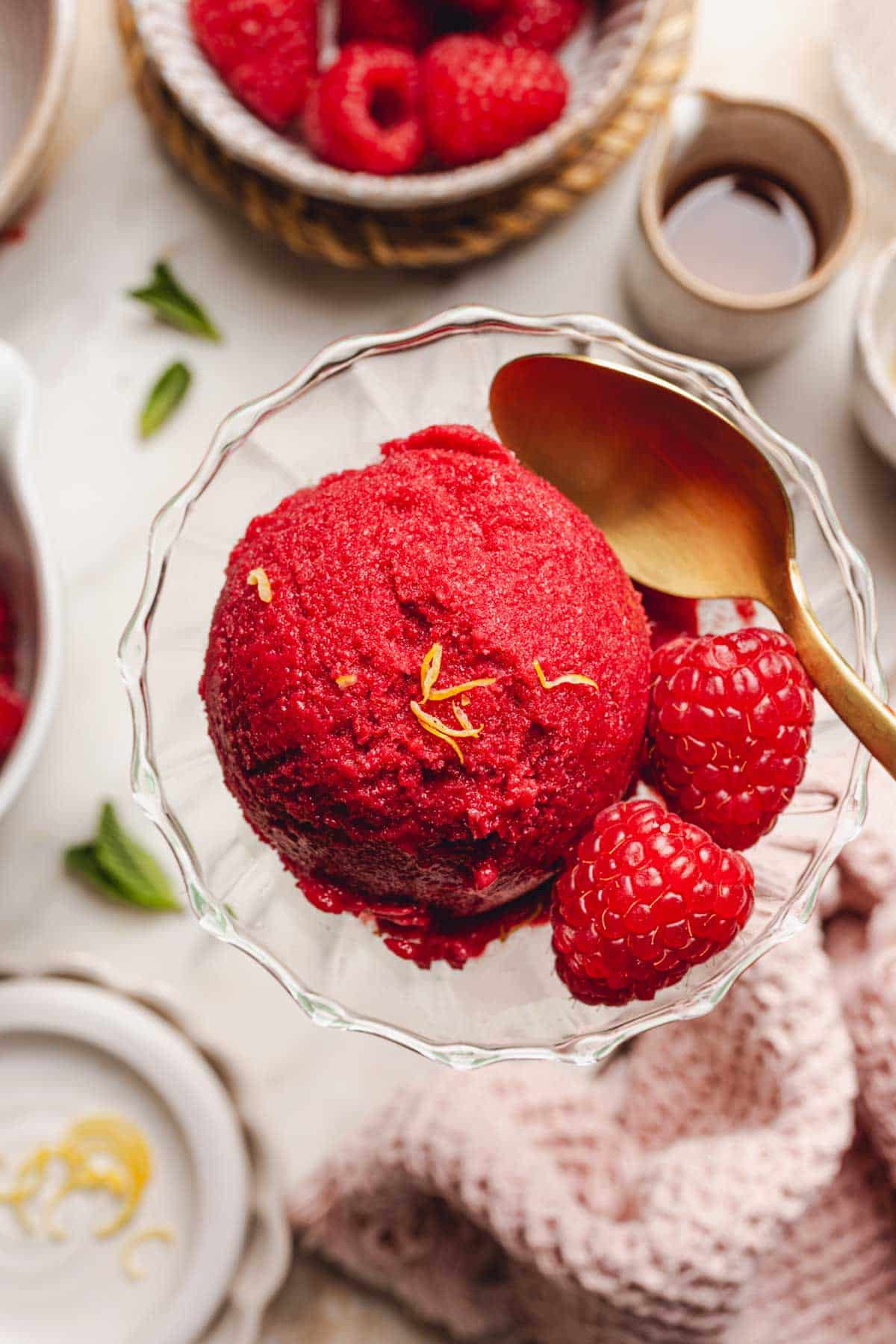 a cup of raspberry sorbet with fresh raspberries.