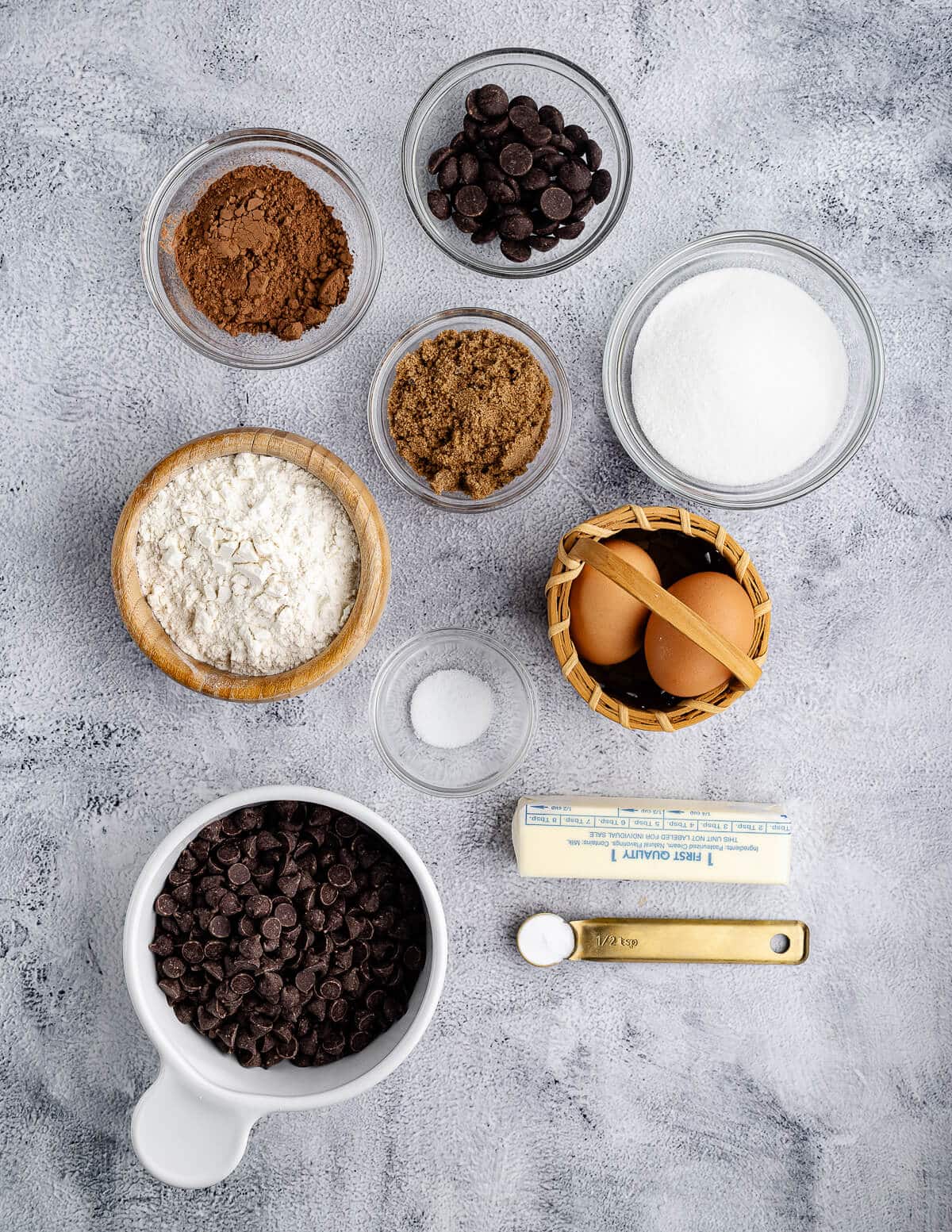 dark chocolate chips, brown sugar, sugar, cocoa powder, eggs, all-purpose flour, salt, butter, baking soda.