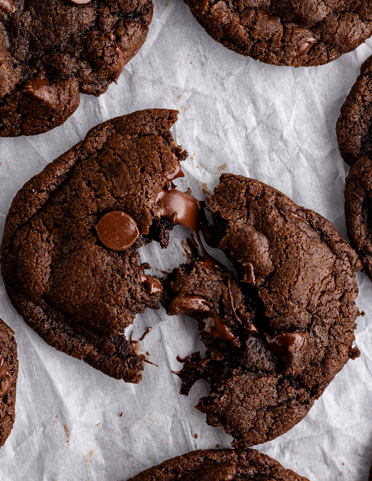 a chocolate cookie broken in half.