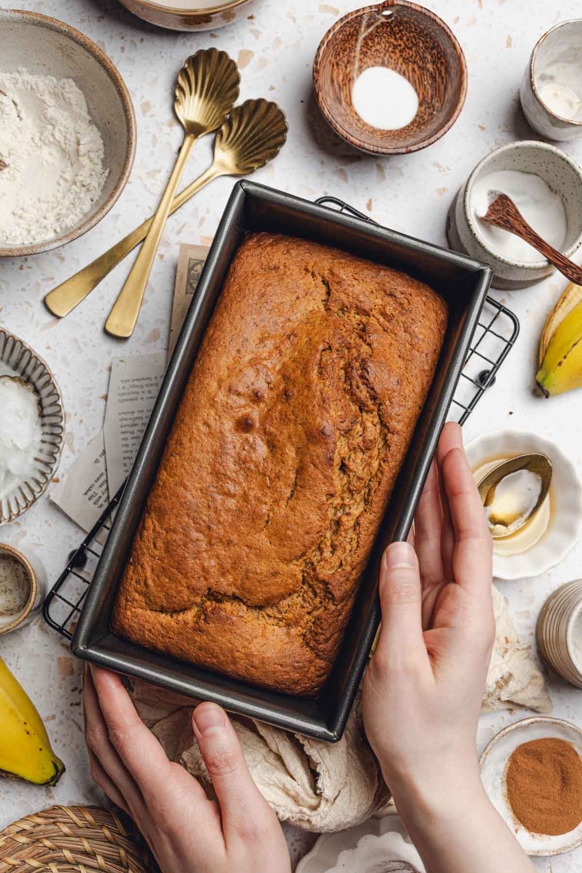 a baked banana bread loaf