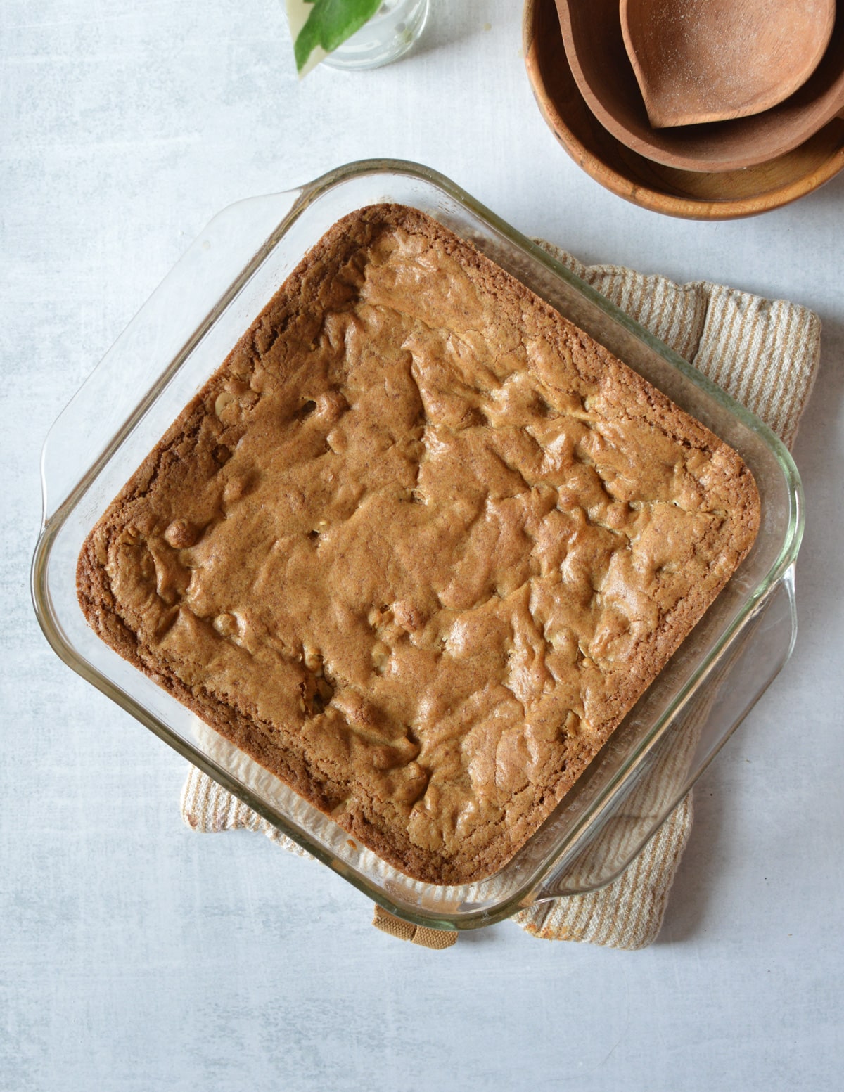 gluten free blondies in a baking dish.