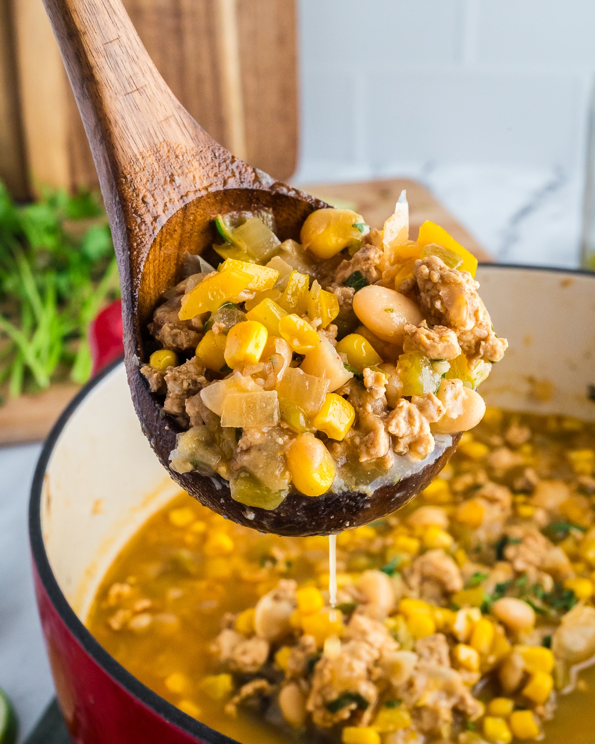 a ladle full of ground chicken chili