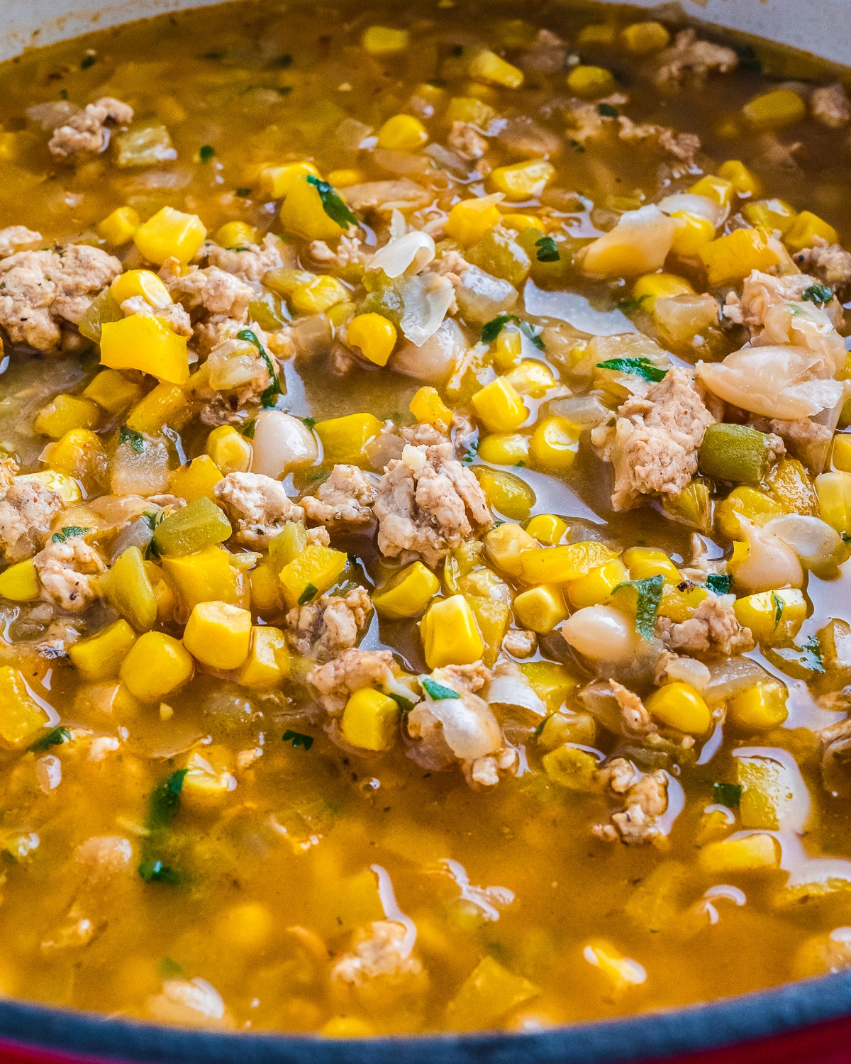 close up of white ground chicken chili