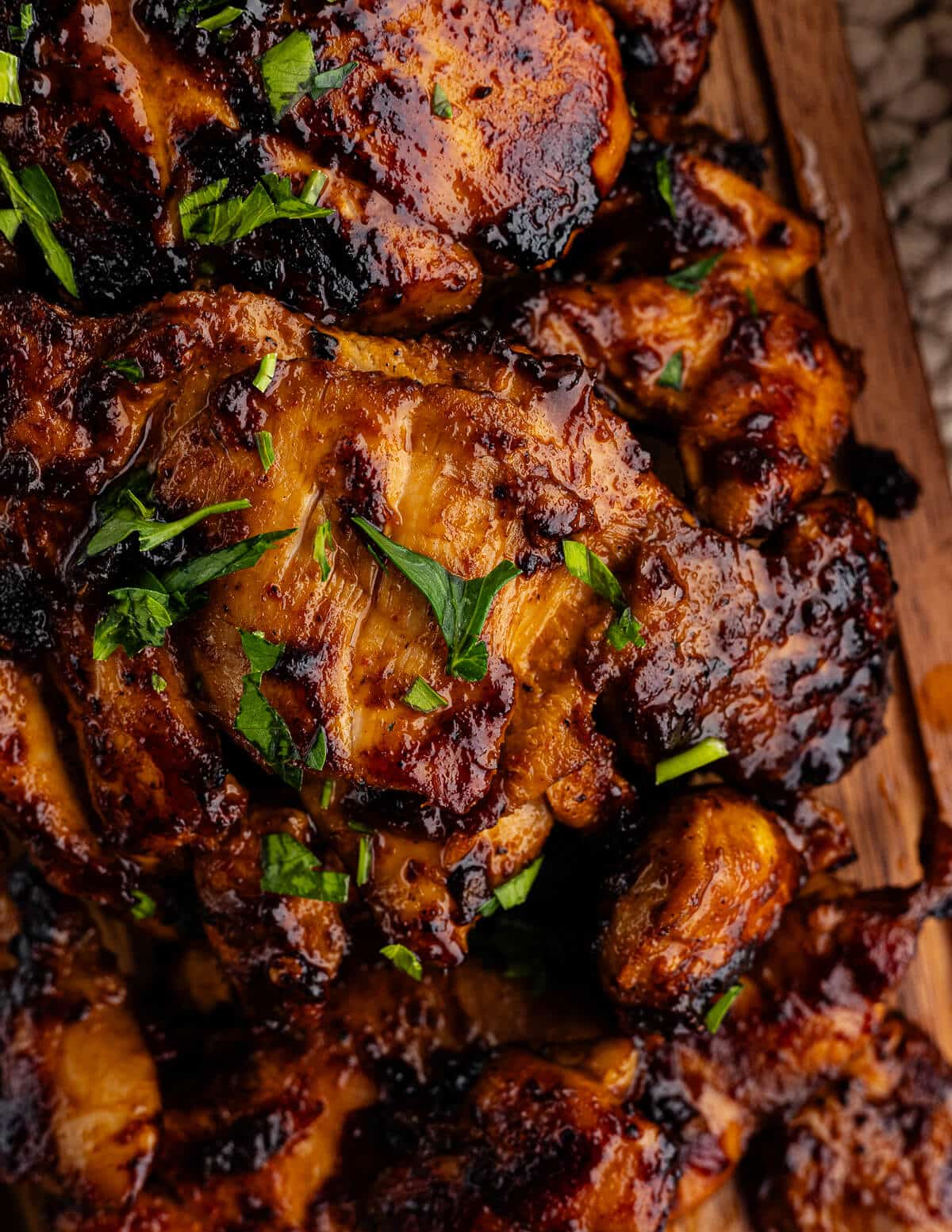 close up picture of chipotle honey chicken thighs.