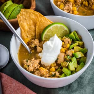 a bowl of white ground chicken chili
