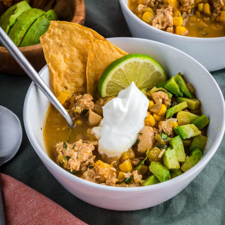 a bowl of white ground chicken chili